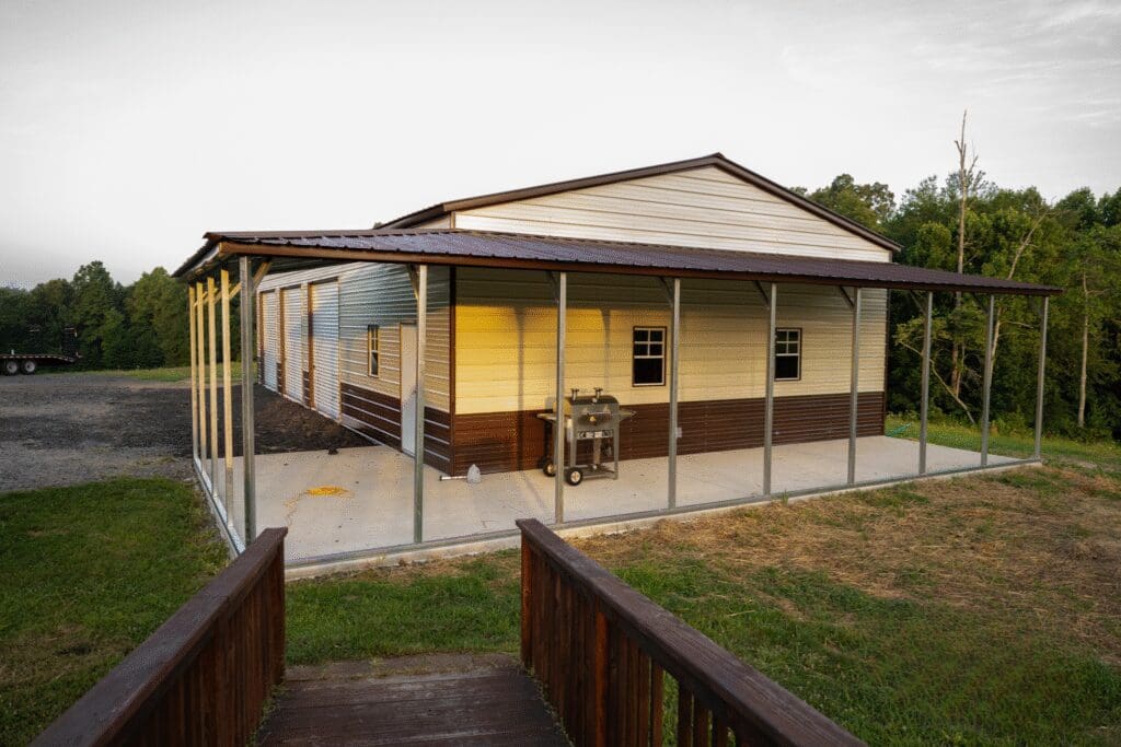 Metal building with a covered porch area.