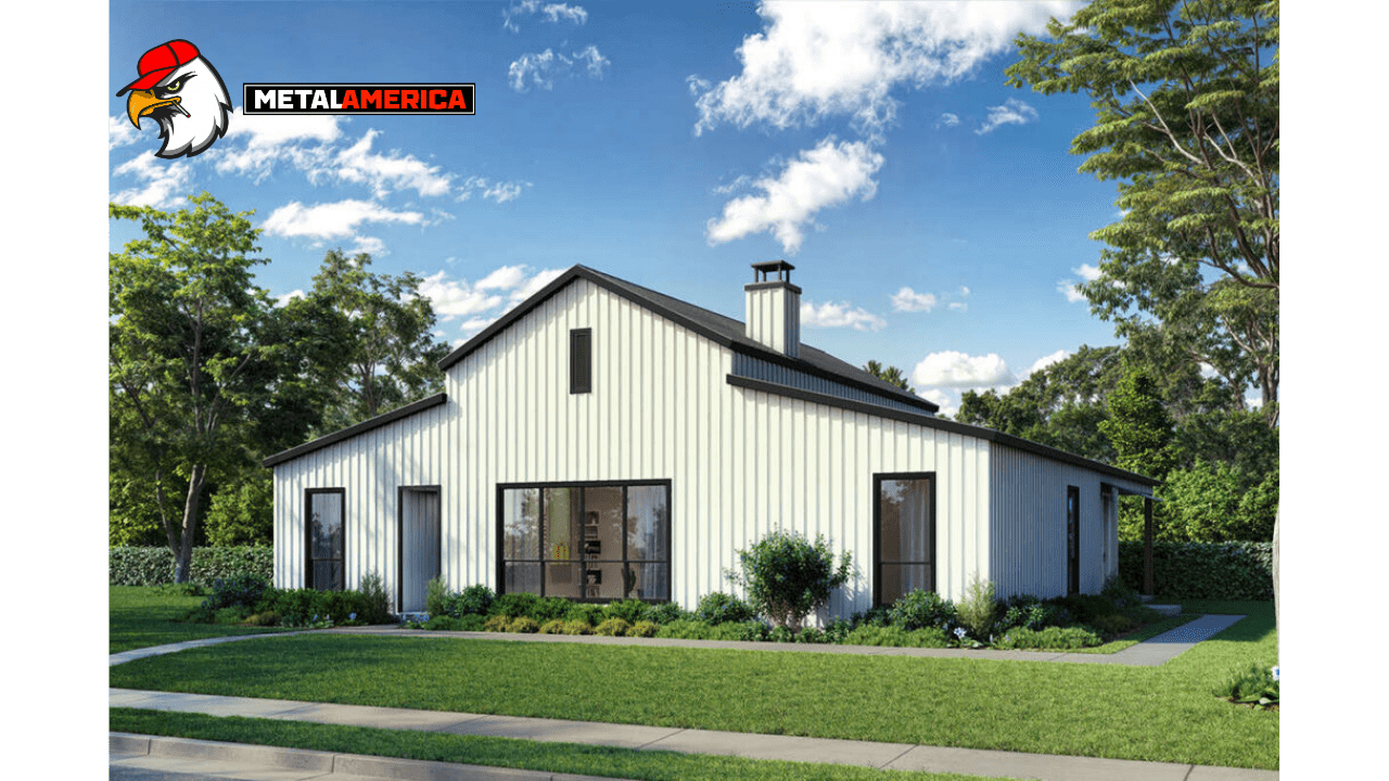 Modern white metal house with green lawn.