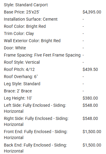 Carport pricing and specifications list.