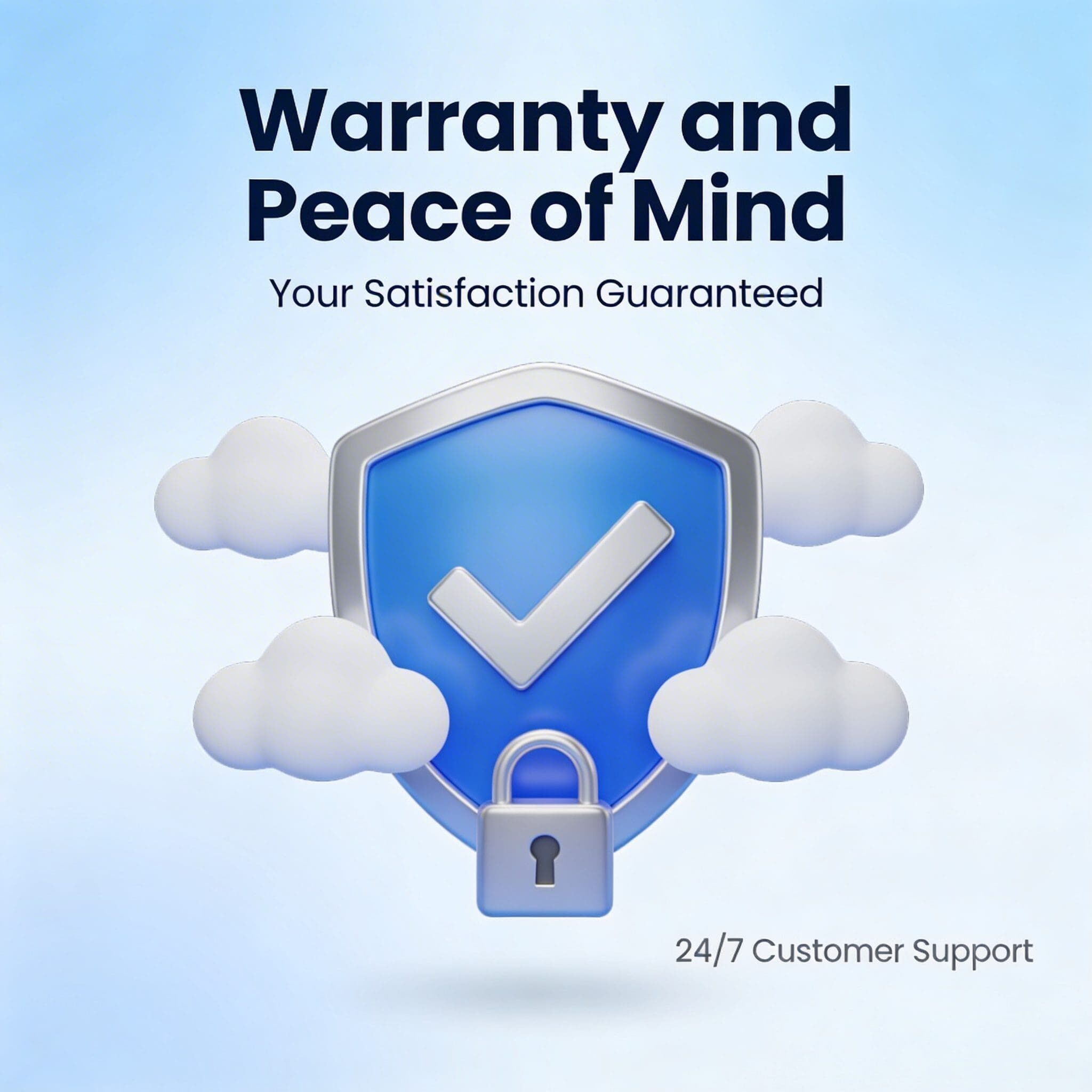 Shield with checkmark and clouds, warranty assurance.